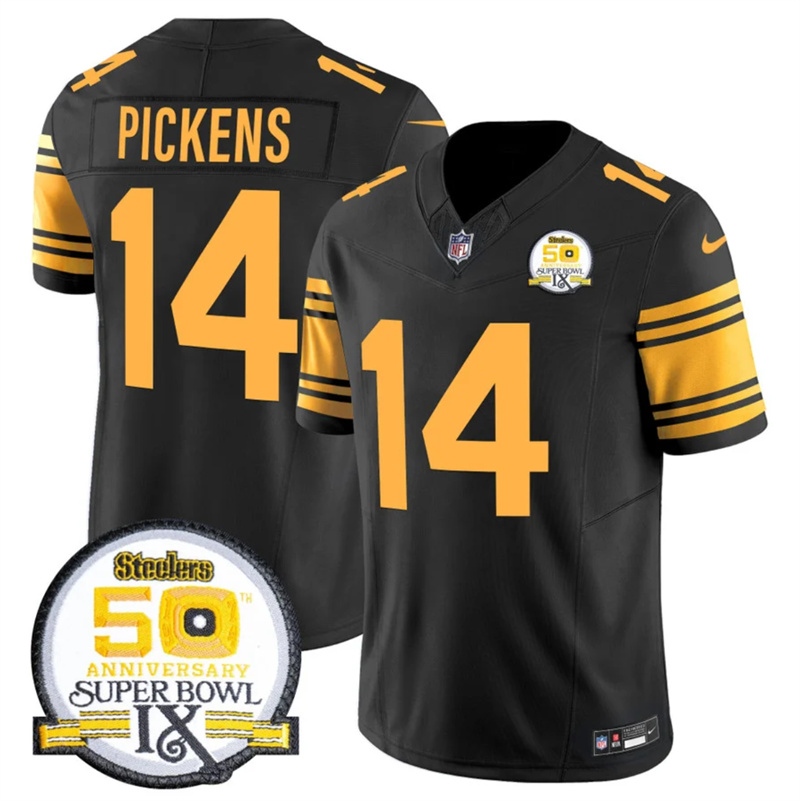 Men's Pittsburgh Steelers #14 George Pickens Black 2024 F.U.S.E. 50th Anniversary Of Super Bowl IX Color Rush Limited Stitched Jersey Men's Pittsburgh Steelers #14 George Pickens Black 2024 F.U.S.E. 50th Anniversary Of Super Bowl IX Color Rush Limited Stitched Jersey