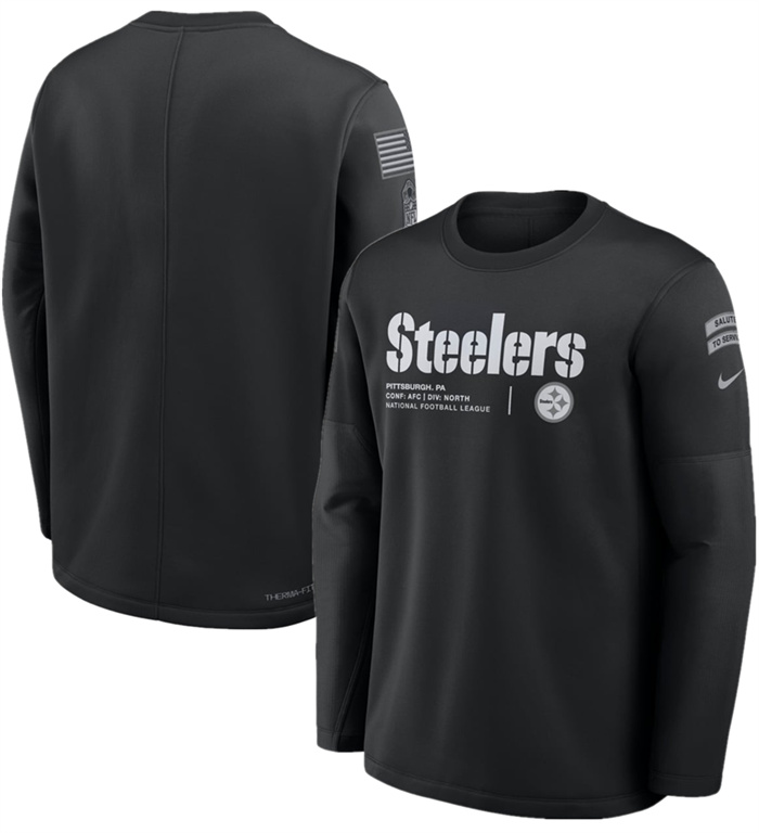 Men's Pittsburgh Steelers Black 2026 Salute to Service Sideline Coaches Crewneck Therma-FIT Sweatshirt