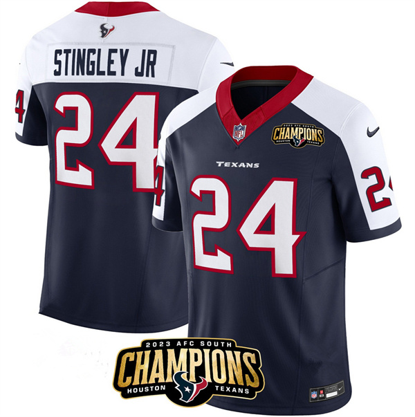 Men's Houston Texans #24 Derek Stingley Jr. Navy/White 2023 F.U.S.E. AFC South Champions Patch Limited Stitched Football Jersey