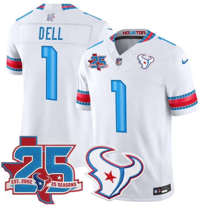Men's Houston Texans #1 Tank Dell White 2026 25th Anniversary Patch F.U.S.E. 'HOUSTON/US' Rivalries Collection Limited Stitched Football Jersey