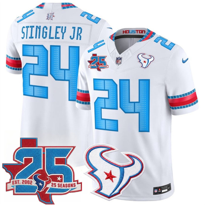 Men's Houston Texans #24 Derek Stingley Jr. White 2026 25th Anniversary Patch F.U.S.E. 'HOUSTON/US' Rivalries Collection Limited Stitched Football Jersey