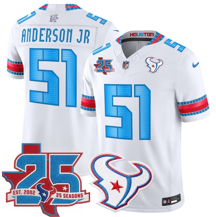 Men's Houston Texans #51 Will Anderson Jr. White 2026 25th Anniversary Patch F.U.S.E. 'HOUSTON/US' Rivalries Collection Limited Stitched Football Jersey