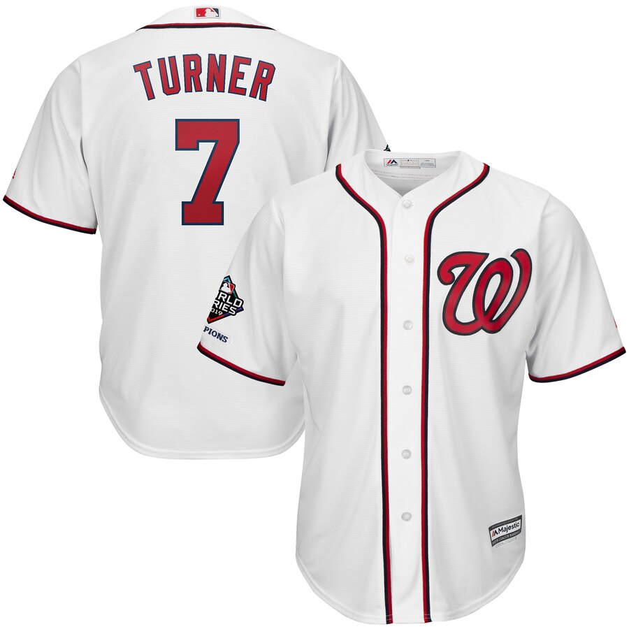 Washington Nationals #7 Trea Turner Majestic 2019 World Series Champions Home Official Cool Base Bar Patch Player Jersey White