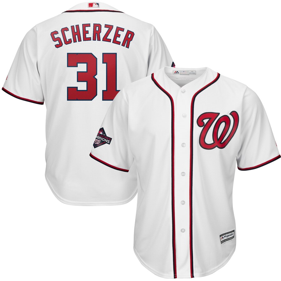 Washington Nationals #31 Max Scherzer Majestic 2019 World Series Champions Home Cool Base Patch Player Jersey White