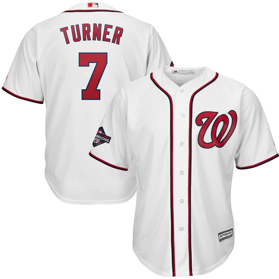 Washington Nationals #7 Trea Turner Majestic 2019 World Series Champions Home Cool Base Patch Player Jersey White