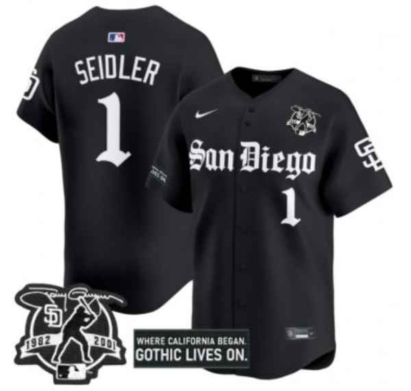 Men's San Diego Padres #1 Peter Seidler Black Gothic Edition Vapor Limited Stitched Baseball Jersey