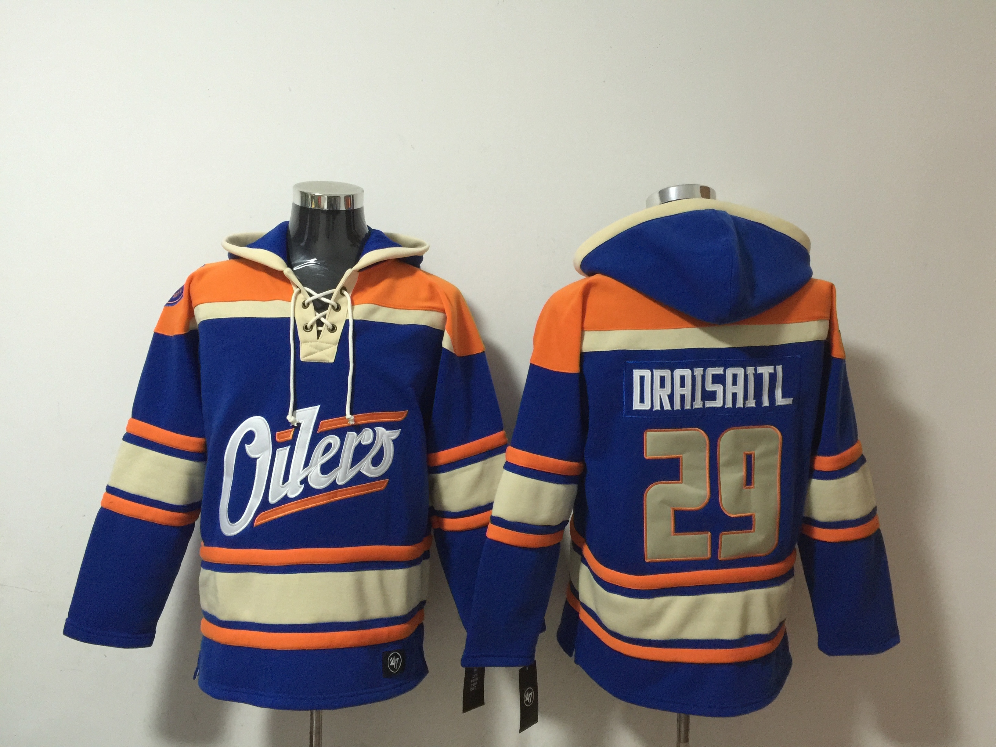 Men's Edmonton Oilers #29 Leon Draisaitl Blue Lace-Up Pullover Hoodie