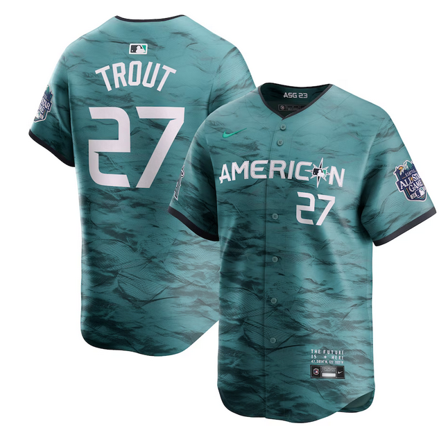 Men's Los Angeles Angels #27 Mike Trout Teal 2023 All-star Cool Base Stitched Jersey