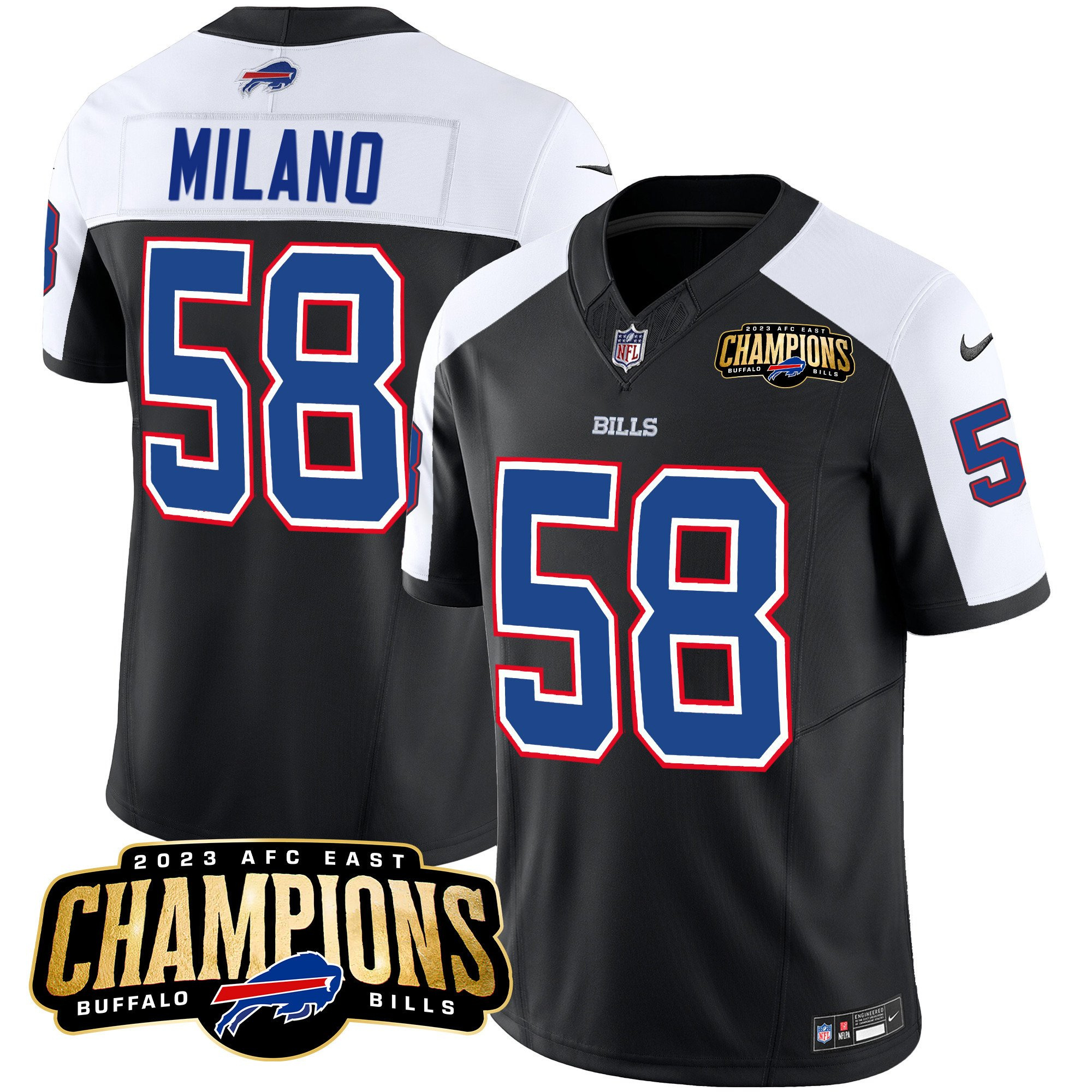 Men's Buffalo Bills #58 Matt Milano Black/White 2023 F.U.S.E. AFC East Champions Ptach Stitched Football Jersey