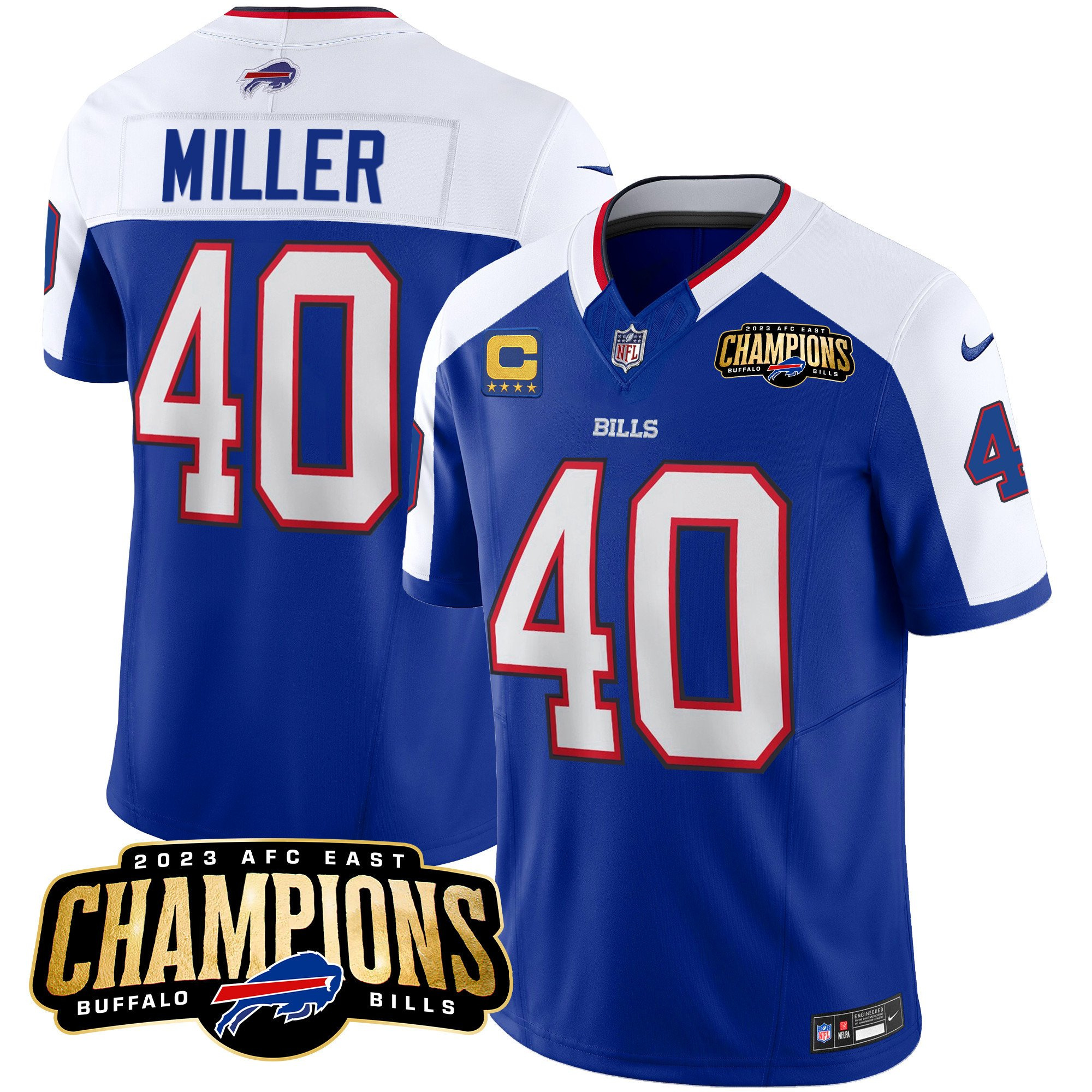 Men's Buffalo Bills #40 Von Miller Blue/White 2023 F.U.S.E. AFC East Champions With 4-star C Ptach Stitched Football Jersey