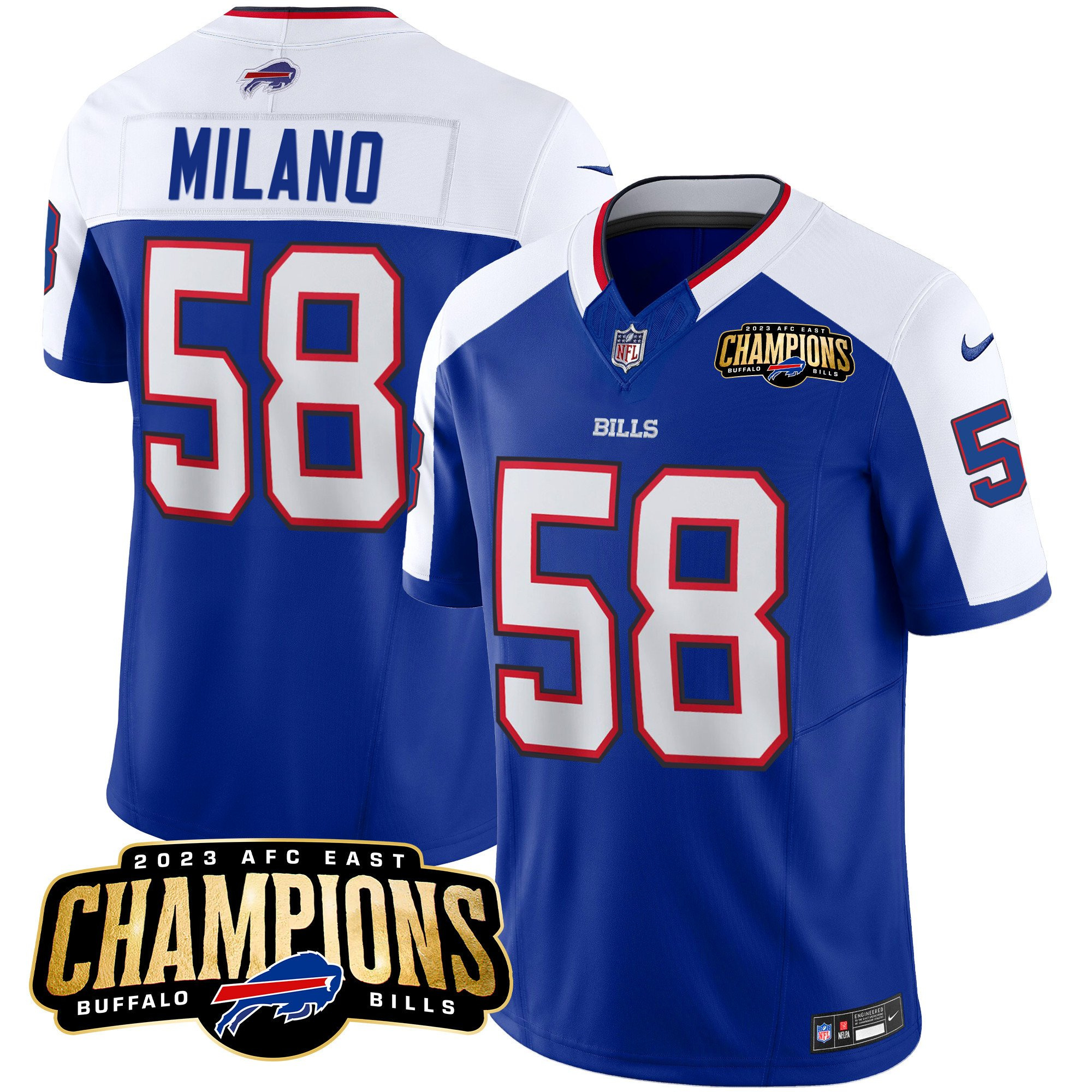 Men's Buffalo Bills #58 Matt Milano Blue/White 2023 F.U.S.E. AFC East Champions Ptach Stitched Football Jersey