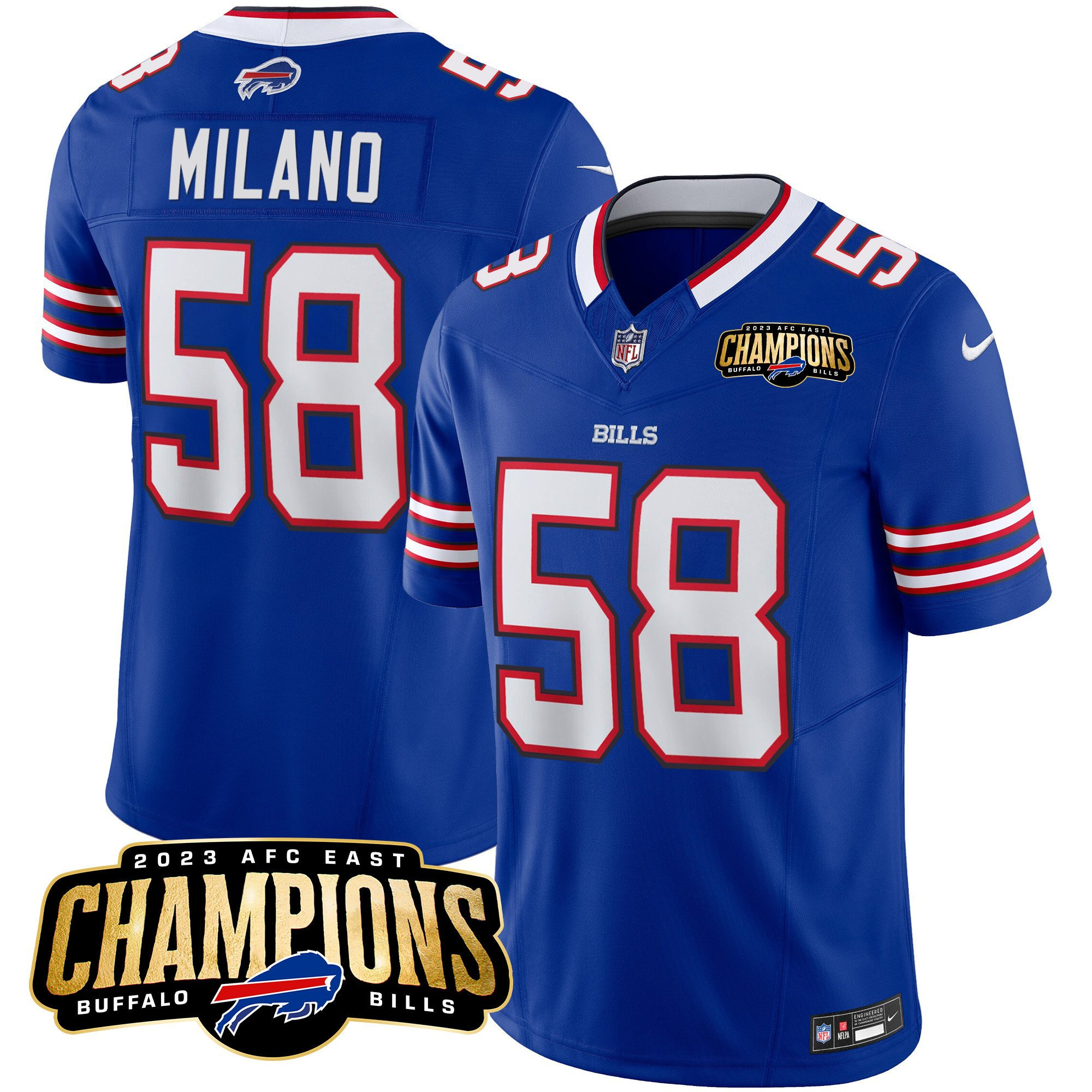 Men's Buffalo Bills #58 Matt Milano Blue 2023 F.U.S.E. AFC East Champions Ptach Stitched Football Jersey