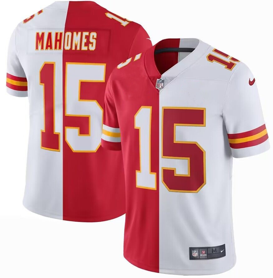 Men's Kansas City Chiefs #15 Patrick Mahomes Red & White Split Super Bowl LVII Patch Limited Stitched Jersey