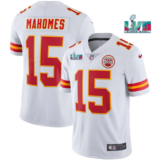 Men’s Kansas City Chiefs #15 Patrick Mahomes White Super Bowl LVII Patch Vapor Untouchable Limited Stitched Jersey