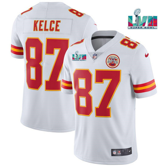 Men’s Kansas City Chiefs #87 Travis Kelce White Super Bowl LVII Patch Vapor Untouchable Limited Stitched Jersey