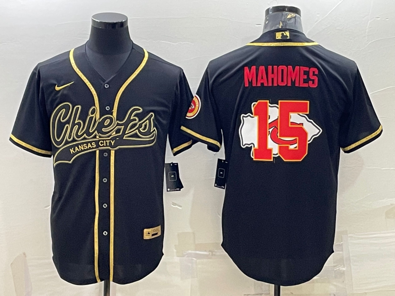 Men's Kansas City Chiefs #15 Patrick Mahomes Black Gold Team Big Logo With Patch Cool Base Stitched Baseball Jersey