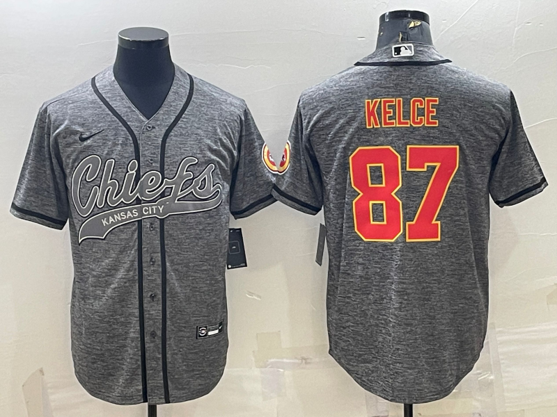 Men's Kansas City Chiefs #87 Travis Kelce Grey With Patch Cool Base Stitched Baseball Jersey Men's Kansas City Chiefs #87 Travis Kelce Grey With Patch Cool Base Stitched Baseball Jersey