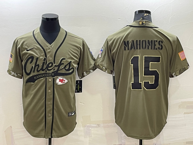 Men's Kansas City Chiefs #15 Patrick Mahomes 2022 Olive Salute to Service Cool Base Stitched Baseball Jersey Men's Kansas City Chiefs #15 Patrick Mahomes 2022 Olive Salute to Service Cool Base Stitched Baseball Jersey