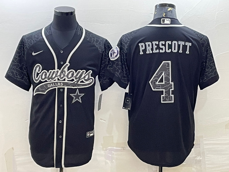 Men's Dallas Cowboys #4 Dak Prescott Black Reflective With Patch Cool Base Stitched Baseball Jersey