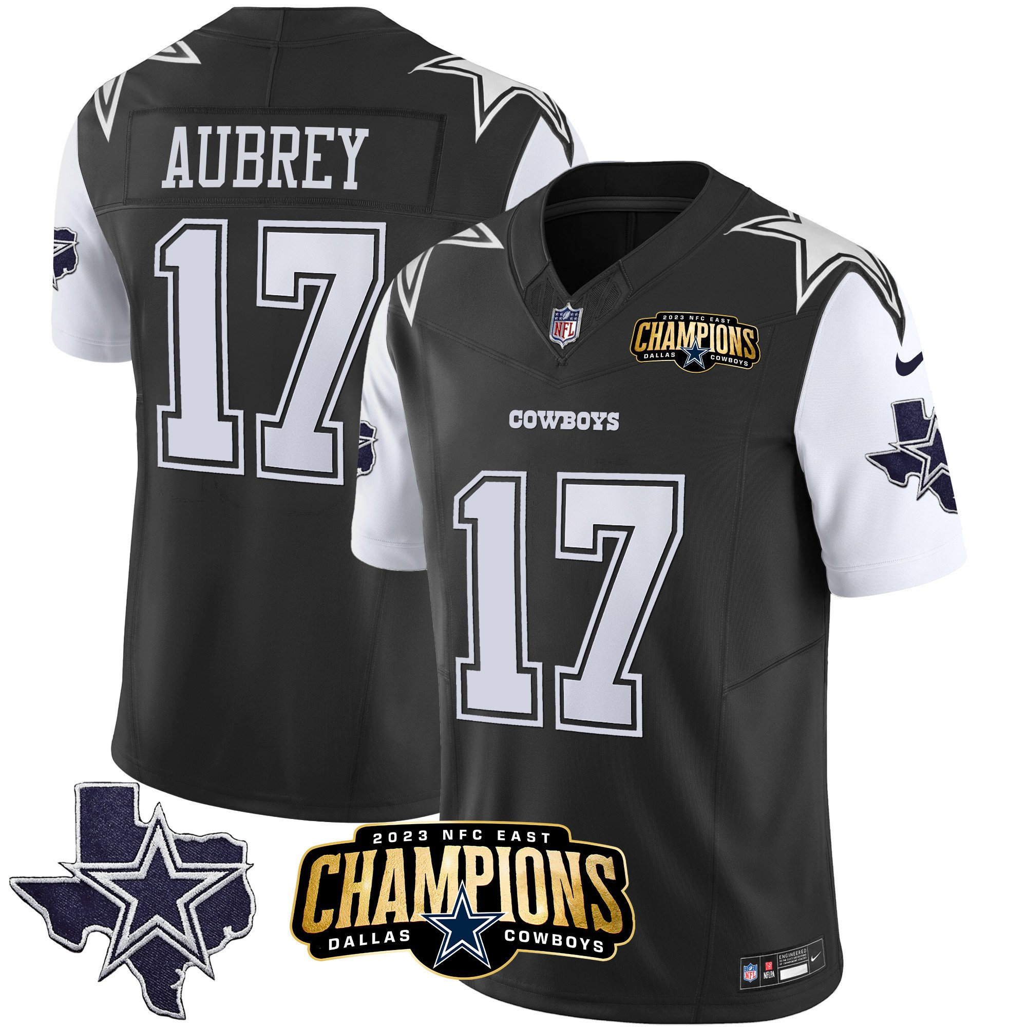 Men's Dallas Cowboys #17 Brandon Aubrey Black/White 2023 F.U.S.E. NFC East Champions Patch Stitched Football Jersey