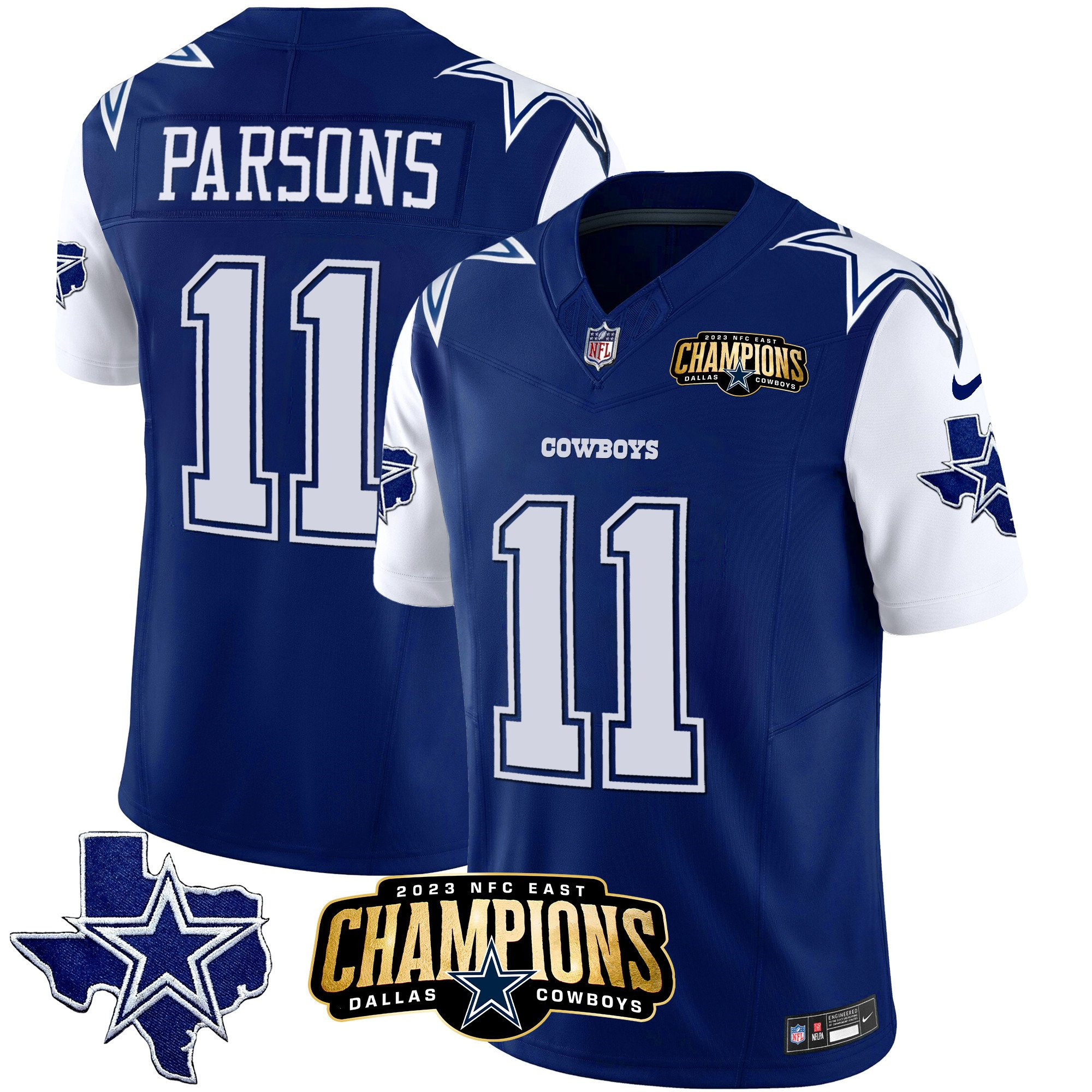 Men's Dallas Cowboys #11 Micah Parsons Blue/White 2023 F.U.S.E. NFC East Champions Patch Stitched Football Jersey