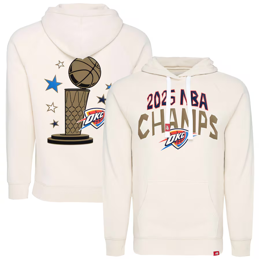 Men's Oklahoma City Thunder Cream 2025 Finals Champions Metallic Olsen Tri-Blend Pullover Hoodie