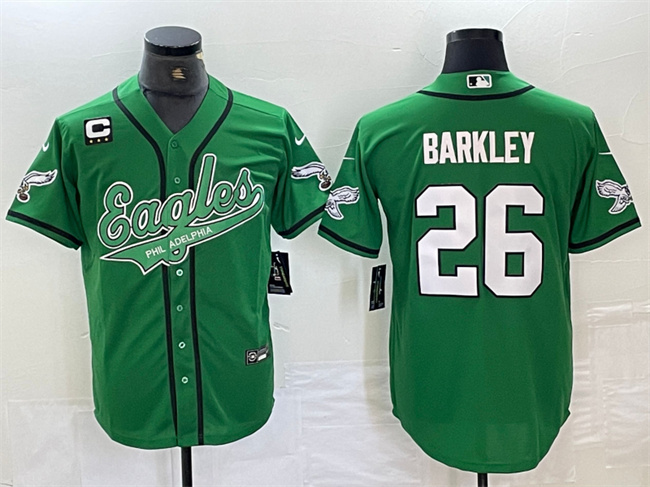 Men's Philadelphia Eagles #26 Saquon Barkley Green With 3-star C Patch Cool Base Stitched Baseball Jersey