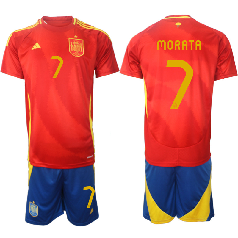 Men's Spain Team #7 Álvaro Morata 2024-25 Red Home Soccer Jersey Suit