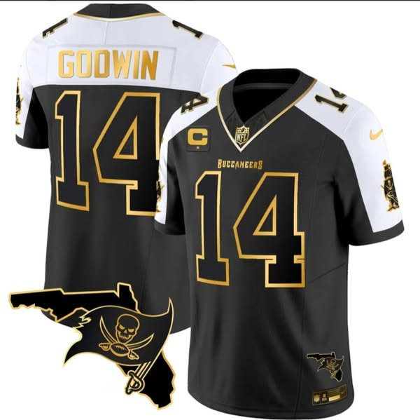 Men's Tampa Bay Buccaneers #14 Chris Godwin Black/White With 1-Star C Patch Limited Stitched Football Jersey