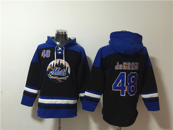 Men's New York Mets #48 Jacob DeGrom Black/Blue Ageless Must-Have Lace-Up Pullover Hoodie