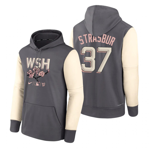 Men's Washington Nationals #37 Stephen Strasburg 2022 Grey City Connect Cherry Blossom Print Hoodie