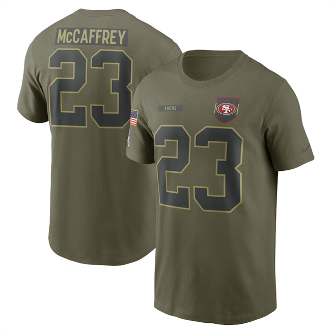 Men's San Francisco 49ers #23 Christian McCaffrey Olive 2025 Salute to Service Name & Number T-Shirt Men's San Francisco 49ers #23 Christian McCaffrey Olive 2025 Salute to Service Name & Number T-Shirt