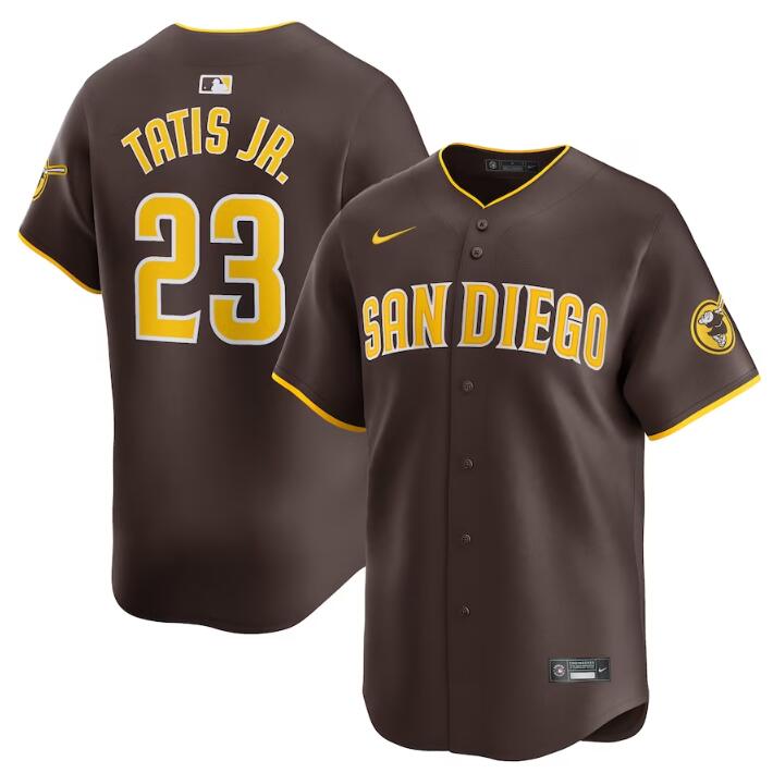 Men's San Diego Padres #23 Fernando Tatis Jr. Brown 2024 Away Limited Stitched Baseball Jersey Men's San Diego Padres #23 Fernando Tatis Jr. Brown 2024 Away Limited Stitched Baseball Jersey