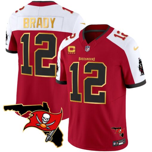 Men's Tampa Bay Buccaneers #12 Tom Brady Red/White F.U.S.E. With 4-star C Ptach And Florida Patch Gold Trim Vapor Stitched Jersey