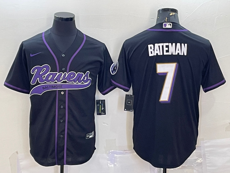 Men's Baltimore Ravens #7 Rashod Bateman Black With Patch Cool Base Stitched Baseball Jersey