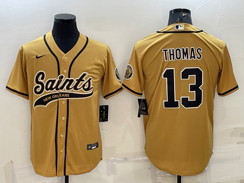 Men's New Orleans Saints #13 Michael Thomas Gold With Patch Cool Base Stitched Baseball Jersey Men's New Orleans Saints #13 Michael Thomas Gold With Patch Cool Base Stitched Baseball Jersey
