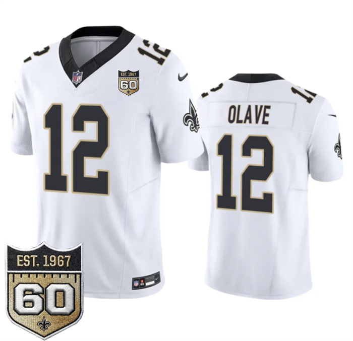 Men's New Orleans Saints #12 Chris Olave White 2026 F.U.S.E 60th Anniversary Patch Vapor Limited Football Stitched Jersey Men's New Orleans Saints #12 Chris Olave White 2026 F.U.S.E 60th Anniversary Patch Vapor Limited Football Stitched Jersey