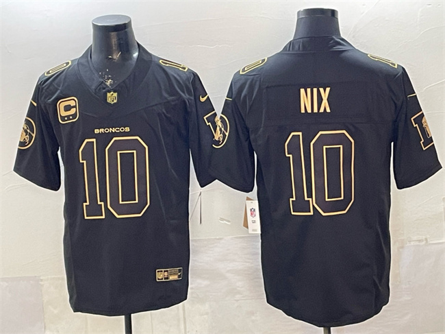 Men's Denver Broncos #10 Bo Nix Black/Gold F.U.S.E. With 2-star C Patch Vapor Limited Stitched Football Jersey