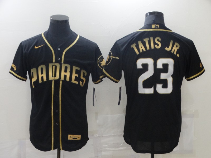 Men's San Diego Padres #23 Fernando Tatis Jr. 2021 Black Golden Edition Flex Base Stitched Baseball Jersey