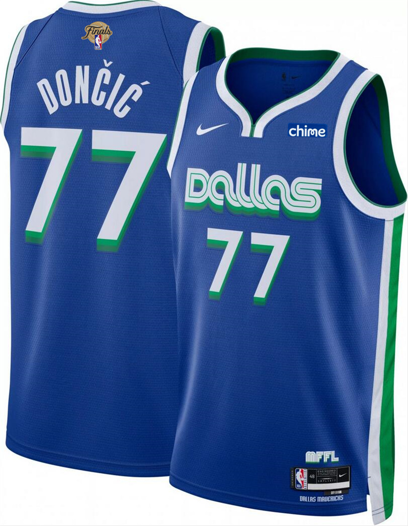 Men's Dallas Mavericks #77 Luka Doncic Blue 2024 Finals City Edition Stitched Basketball Jersey