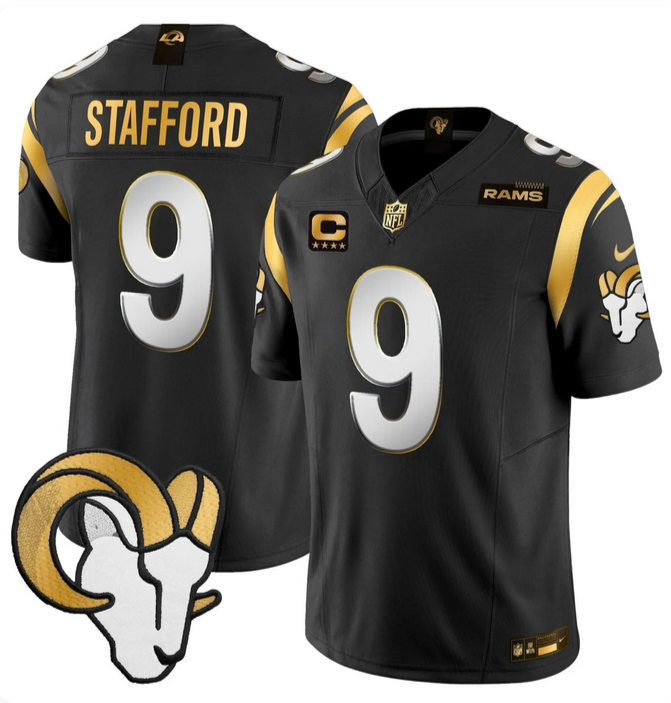 Men's Los Angeles Rams #9 Matthew Stafford Black Gold 2025 F.U.S.E. With 4-Star C Patch Vapor Untouchable Stitched Football Jersey