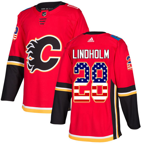 Adidas Flames #28 Elias Lindholm Red Home Authentic USA Flag Stitched NHL Jersey