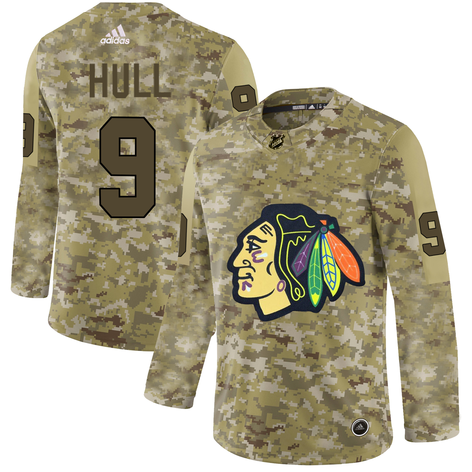 Adidas Blackhawks #9 Bobby Hull Camo Authentic Stitched NHL Jersey