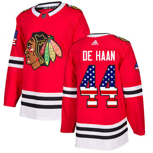 Adidas Blackhawks #44 Calvin De Haan Red Home Authentic USA Flag Stitched NHL Jersey