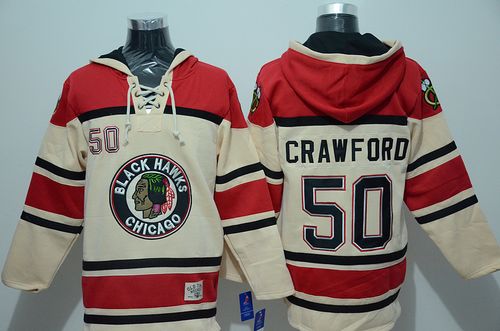 Blackhawks #50 Corey Crawford Cream Sawyer Hooded Sweatshirt Stitched NHL Jersey