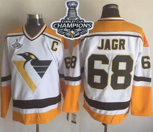 Penguins #68 Jaromir Jagr White/Yellow CCM Throwback 2017 Stanley Cup Finals Champions Stitched NHL Jersey