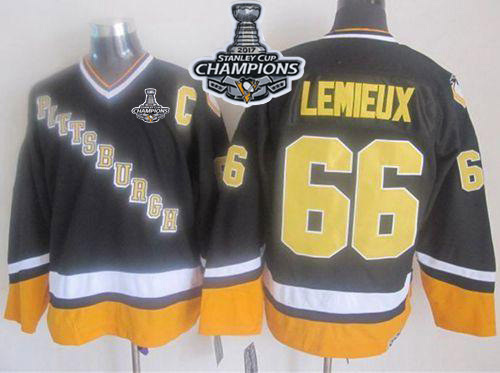Penguins #66 Mario Lemieux Black/Yellow CCM Throwback 2017 Stanley Cup Finals Champions Stitched NHL Jersey