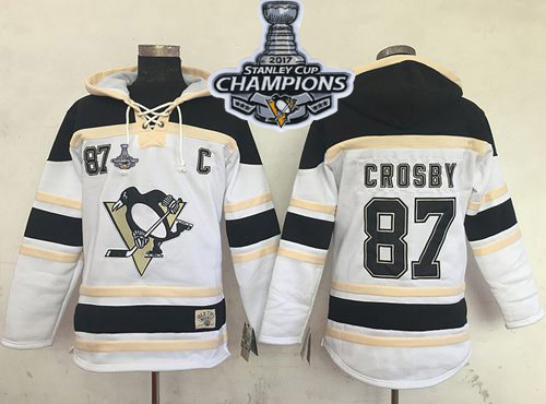 Penguins #87 Sidney Crosby White Sawyer Hooded Sweatshirt 2017 Stanley Cup Finals Champions Stitched NHL Jersey