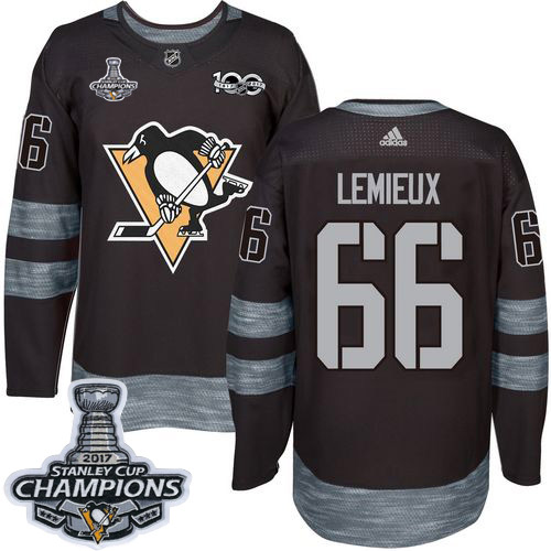 Adidas Penguins #66 Mario Lemieux Black 1917-2017 100th Anniversary Stanley Cup Finals Champions Stitched NHL Jersey