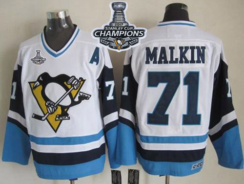Penguins #71 Evgeni Malkin White/Blue CCM Throwback 2017 Stanley Cup Finals Champions Stitched NHL Jersey